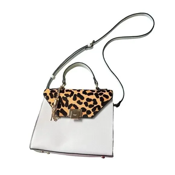 Dune London White Saffiano Leather Leopard Print Calf Hair Fur Trimmed Hand Bag - Picture 13 of 15